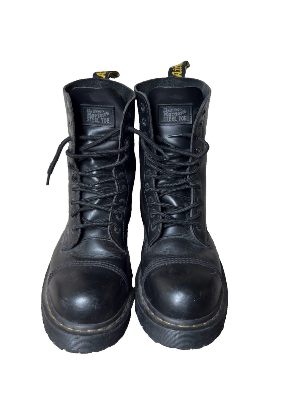 Dr. Martens Air Wair Black Steel Toe Combat Boots with Yellow Heel Loop Size 11